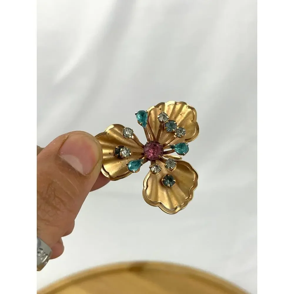 VTG 4x‎ Brooch Pin Lot Filigree Amber Floral Prong 3D Gold Tone Bronze 1960s